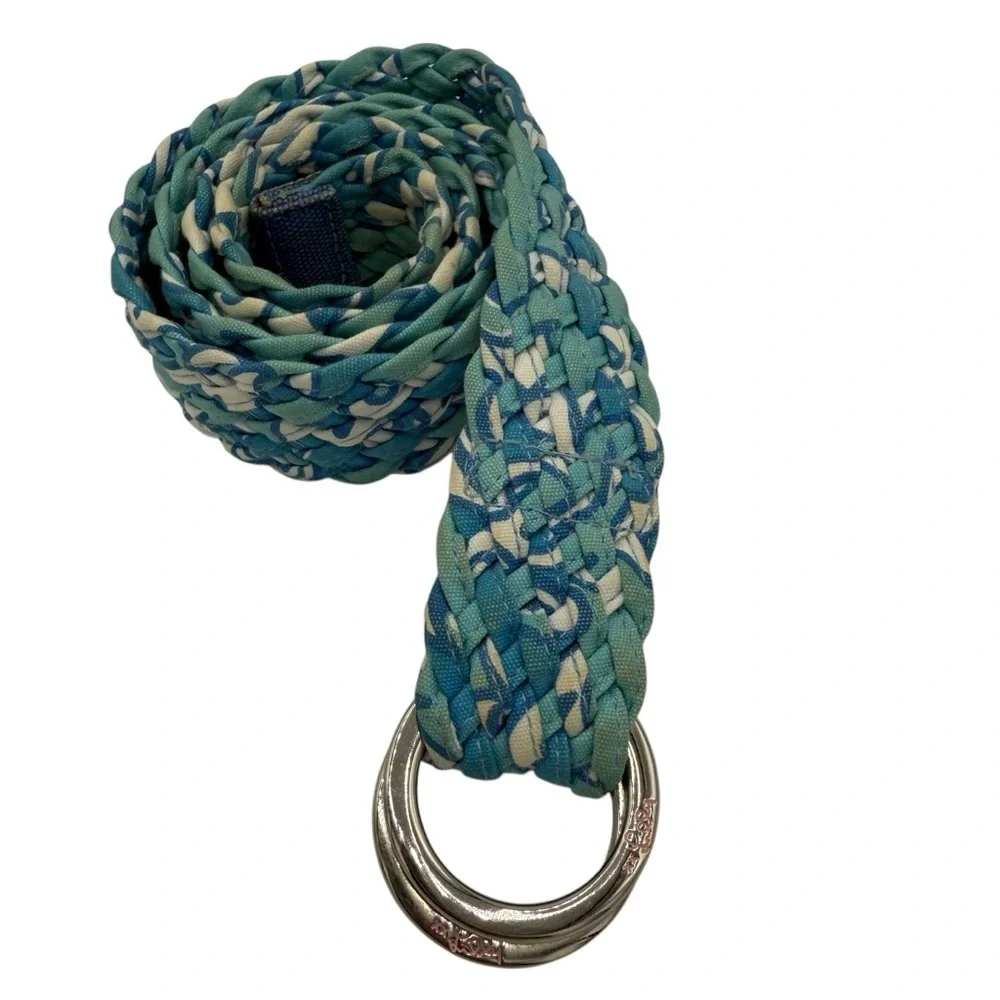 Lilly Pulitzer Woven Belt Braid silver D Ring Cotton Size Medium blue Aqua white